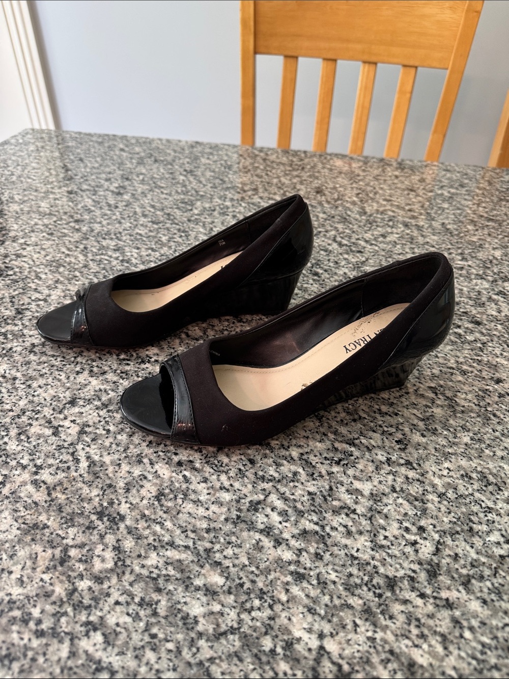 Black Open-Toe Patent Leather Wedge Heels